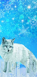 White arctic fox amidst a snowy, blue winter wonderland.