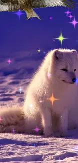 Arctic fox resting with bird flying in a blue snowy landscape.