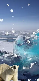 Polar bear in icy arctic landscape with snowflakes.