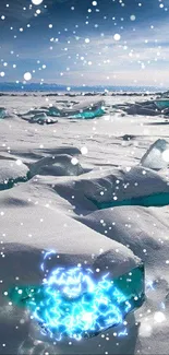 Snow-covered arctic ice with azure blue hues under a bright sky.