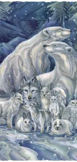 Artistic depiction of Arctic wildlife featuring polar bears and wolves.