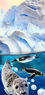 Arctic scene with a seal and penguins underwater near an iceberg.