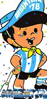 Cartoon celebrating Argentina's 1978 victory with confetti and iconic jersey.