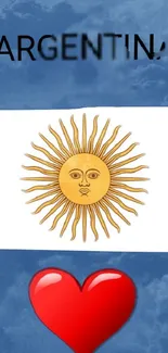 Argentina flag with sun and red heart on blue background.