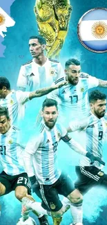 Argentina football team players with World Cup trophy on a turquoise blue background.