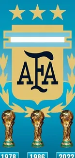 Argentina football wallpaper with three World Cup trophies and AFA logo.