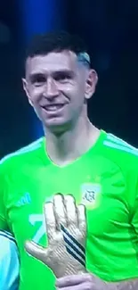 Argentina football champions celebrating with trophies on a dark blue background.