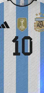 Argentina soccer jersey with number 10 on blue and white stripes.