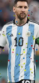 Soccer star in Argentina's iconic blue and white jersey on the field.