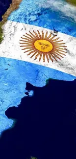 Argentina flag over Earth in blue hues.