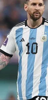 Renowned football player in Argentina's sky blue and white jersey.