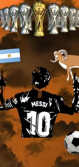 Graphic of an Argentinian football legend with trophies and symbols.