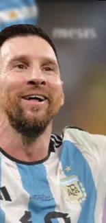 Argentinian footballer celebrates on field, wearing blue and white jersey.