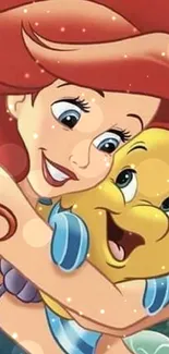 Ariel hugging Flounder in colorful animation.