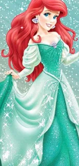 Ariel in enchanting turquoise dress with winter backdrop.