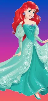 Ariel in a teal dress on a vibrant gradient background.