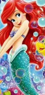 Ariel from Disney's Little Mermaid, vibrant underwater scene with bubbles.