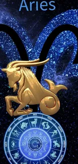 Aries zodiac wallpaper with golden ram on blue starry background.