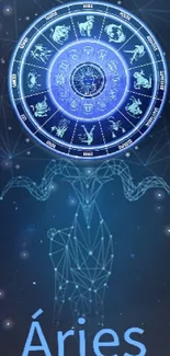 Aries zodiac sign with glowing astrological wheel and cosmic design.