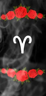 Aries zodiac symbol with red roses and smoke background.