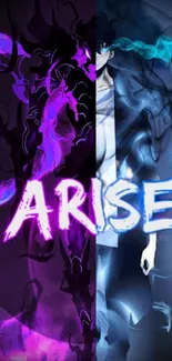 Anime wallpaper with Arise text in vibrant purple and blue.