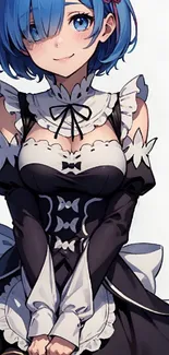 Anime maid character with blue hair in detailed outfit.