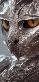 A majestic cat in intricate silver armor with vibrant amber eyes.