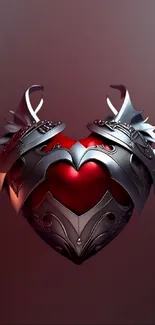 Metallic heart with armor on maroon background wallpaper.