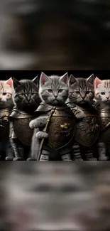 Five kittens in armor on a black background mobile wallpaper.