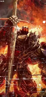 Armored robot holding a sword in a fiery digital scene.