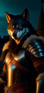 A wolf warrior in armor under a full moon by a castle.