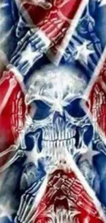 Mobile wallpaper with a vibrant skull and flag design in red, white, and blue.