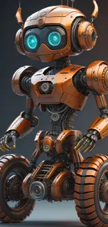 Orange futuristic robot with wheels on dark background