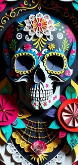 Colorful artistic skull with floral patterns on a mobile wallpaper background.