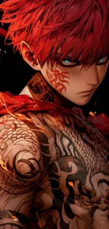 Fiery red-haired anime character with tattoos on dark background.