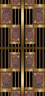 Art Deco wallpaper with gold patterns and gemstones.