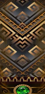 Art Deco geometric design with gold and green gemstone.