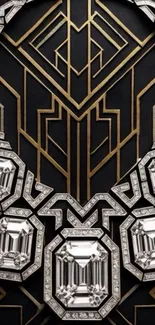 Luxurious Art Deco wallpaper with diamonds and geometric patterns.