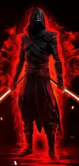 Hooded warrior with red lightsabers in fiery scene