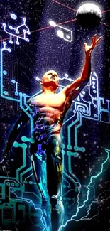 Futuristic cyborg reaching for a glowing orb in a digital art wallpaper.