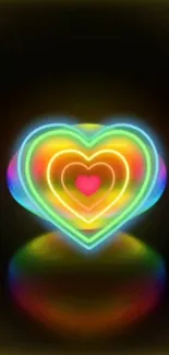 Neon heart wallpaper with colorful layers on black.