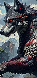 Dragon-wolf hybrid with vibrant scales in a fantasy setting.