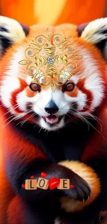 Red panda with golden design and love theme in vibrant colors.