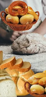 Person kneading dough with various bread types on wooden table.