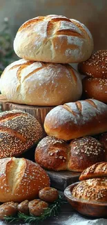 A collection of artisan bread loaves and rolls displayed on a wooden surface.