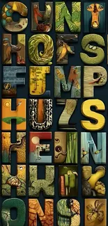Colorful artistic alphabet mosaic wallpaper with nature-themed letters.