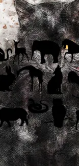 Artistic animal silhouettes on a textured grey cat wallpaper.