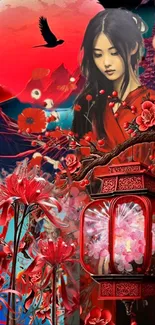 Asian fantasy art with red tones and blossoms in mobile wallpaper.