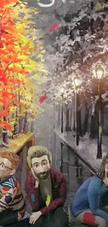 Artistic wallpaper with autumn trees and street scene.