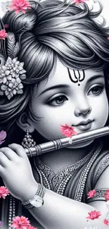 Monochrome baby Krishna with flute and pink flowers.